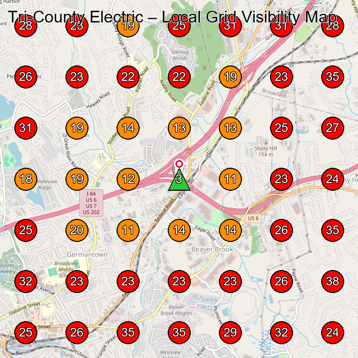 Tri-County Electric GeoGrid visibility map for Electrician in Danbury