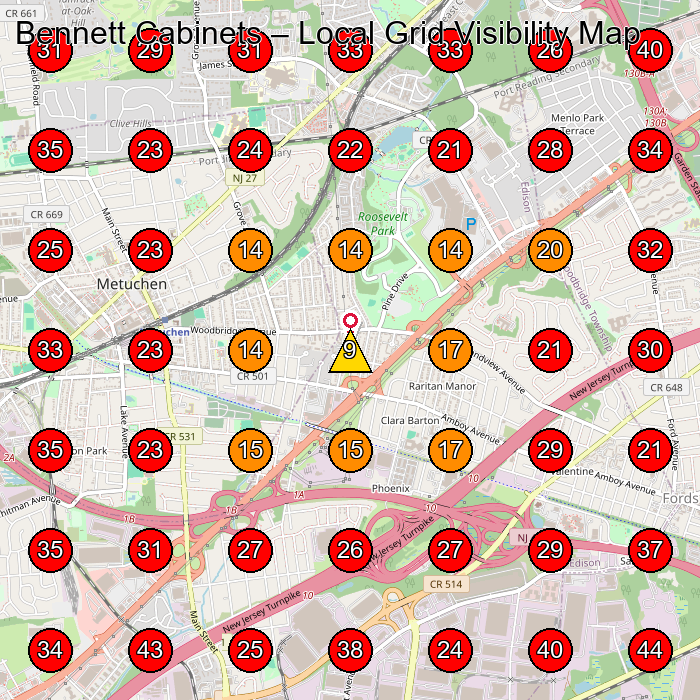 Bennett Cabinets GeoGrid visibility map for Carpenter in Edison
