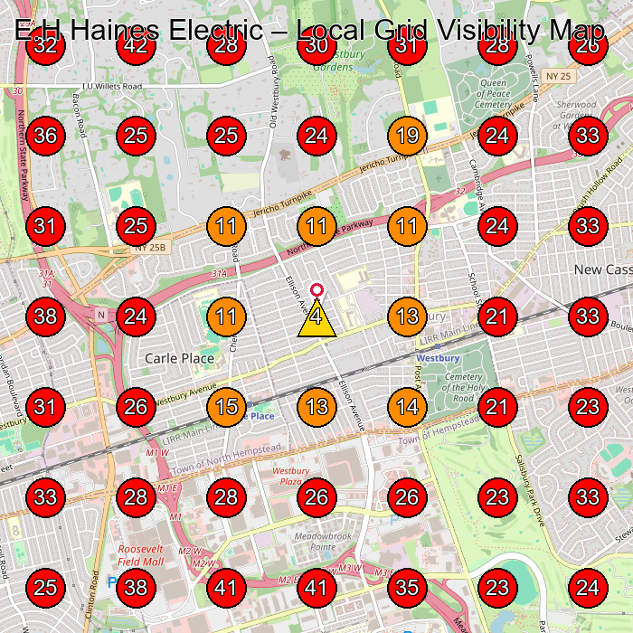 E.H Haines Electric GeoGrid visibility map for Electrician in Westbury