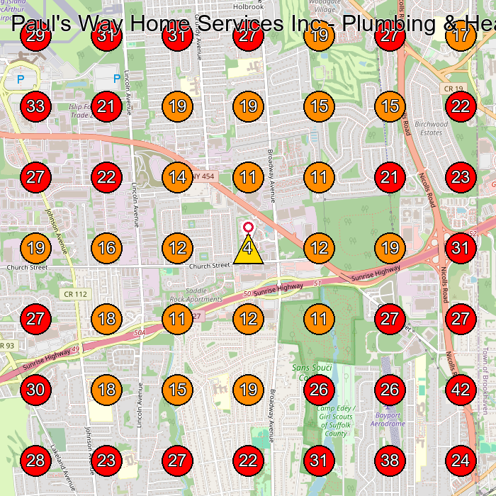 Paul's Way Home Services Inc - Plumbing & Heating GeoGrid visibility map for Plumber in Bohemia