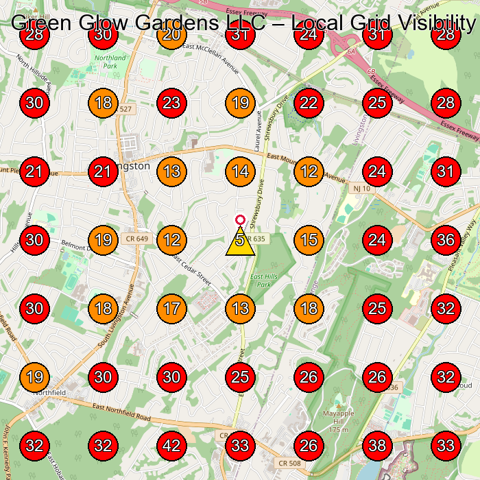 Green Glow Gardens LLC GeoGrid visibility map for Landscaper in Livingston