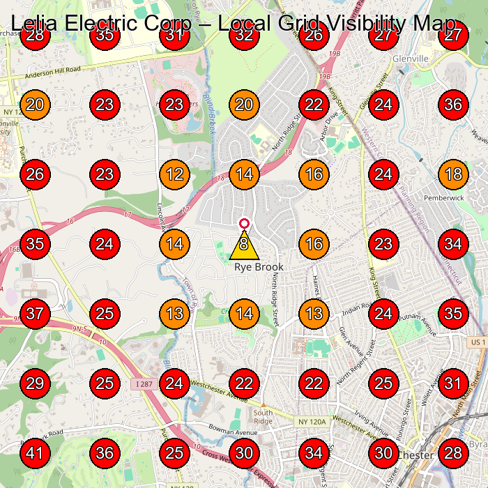 Lelia Electric Corp GeoGrid visibility map for Electrician in Greenwich