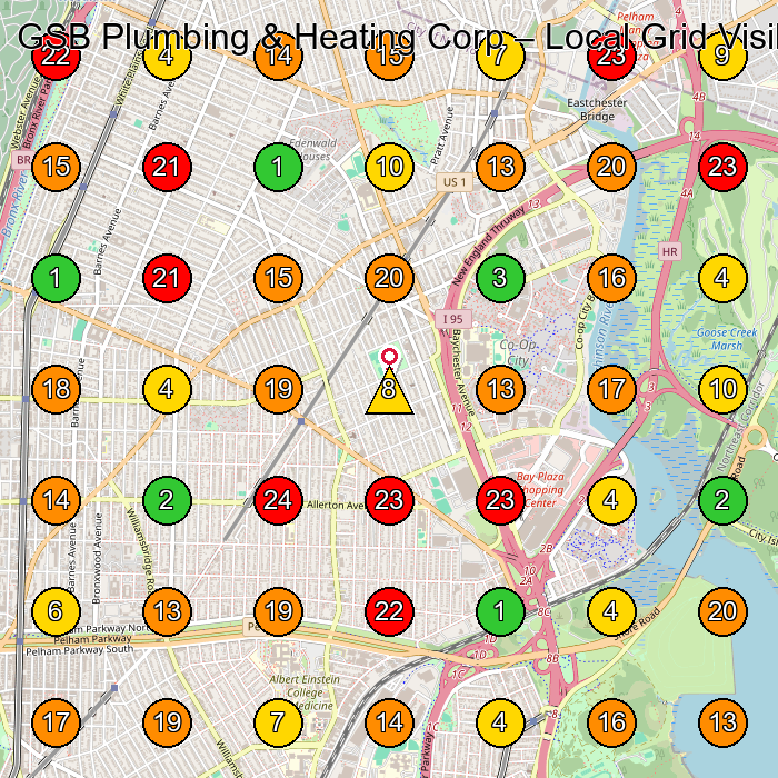 GSB Plumbing & Heating Corp Plumber GeoGrid ranking map for Bronx NY