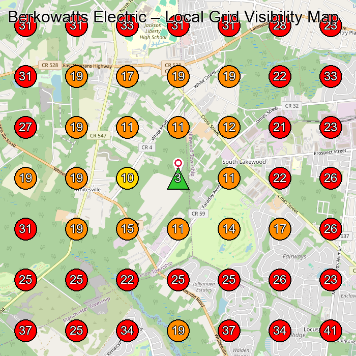 Berkowatts Electric GeoGrid visibility map for Electrician in Freehold Township