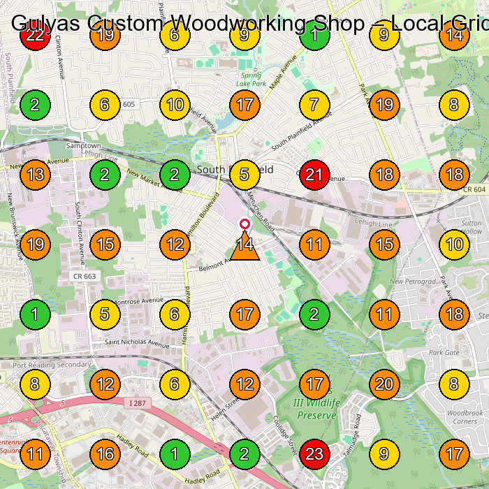 Gulyas Custom Woodworking Shop Woodworker GeoGrid ranking map for South Plainfield NJ