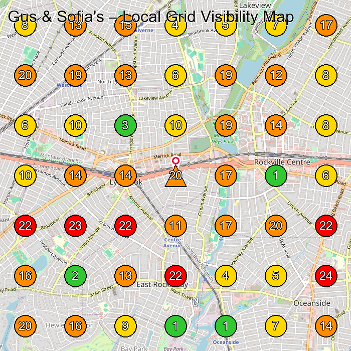 Gus & Sofia's Tailor GeoGrid ranking map for Lynbrook NY