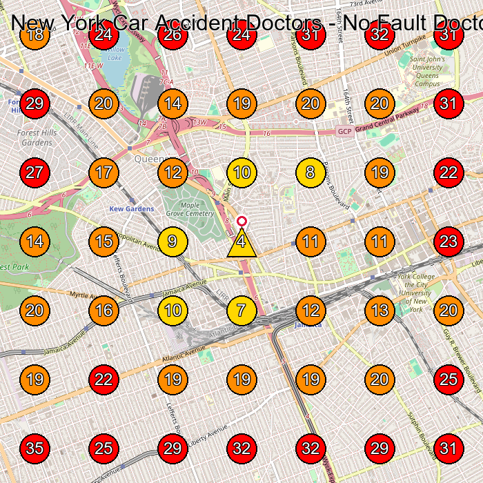 New York Car Accident Doctors - No Fault Doctors GeoGrid visibility map for Physical Therapy Clinic in Fresh Meadows