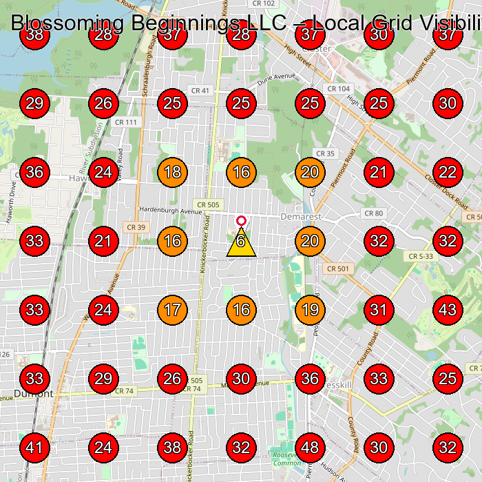 Blossoming Beginnings LLC GeoGrid visibility map for Lawn Care Service in Closter