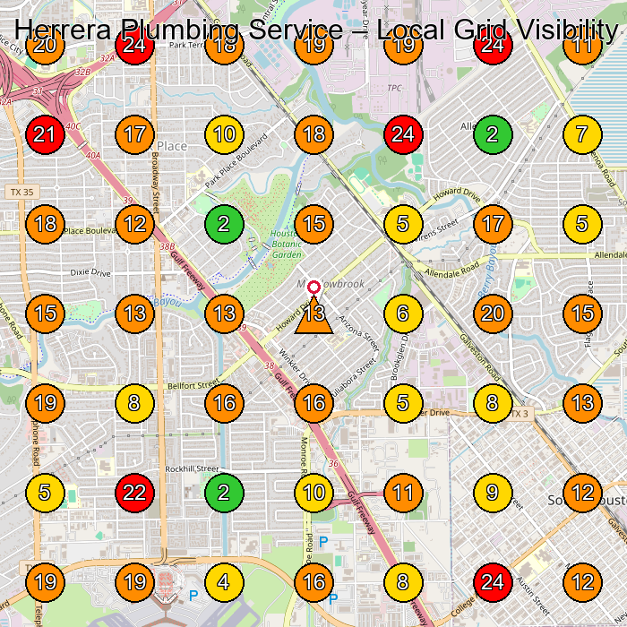 Herrera Plumbing Service Plumber GeoGrid ranking map for Houston TX