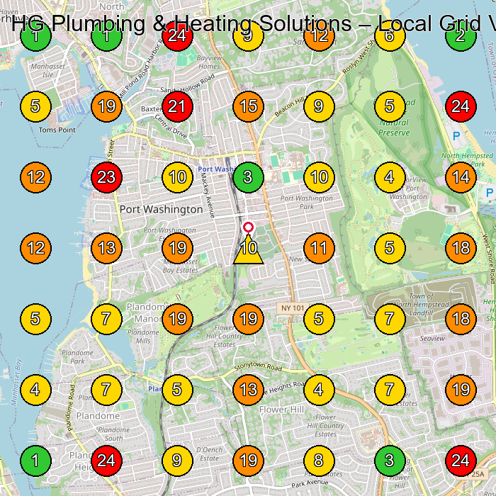 HG Plumbing & Heating Solutions Plumber GeoGrid ranking map for Port Washington NY