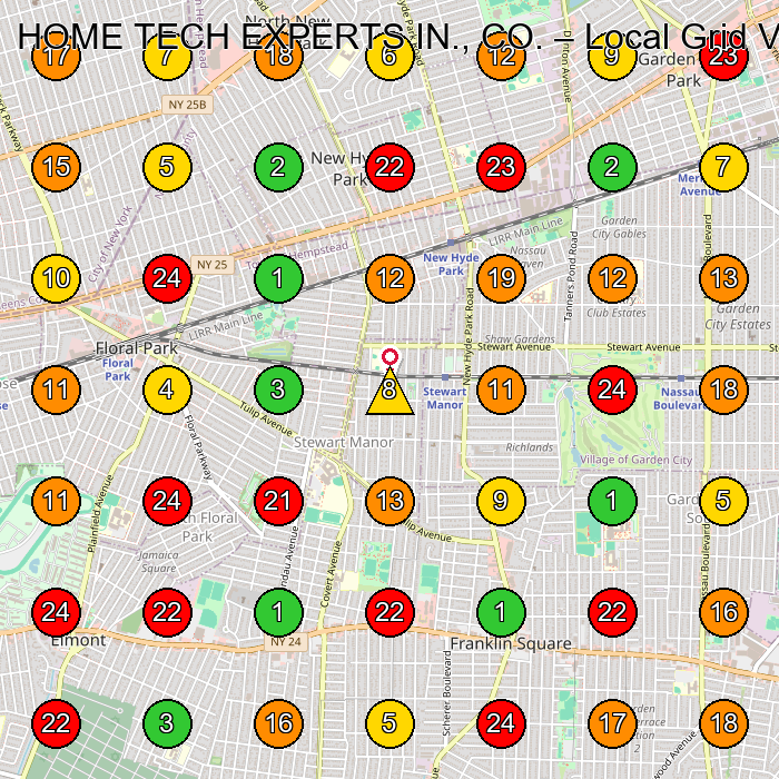 HOME TECH EXPERTS IN., CO. Electrician GeoGrid ranking map for New Hyde Park NY