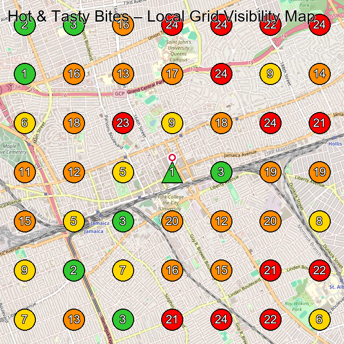 Hot & Tasty Bites Restaurants GeoGrid ranking map for Jamaica NY