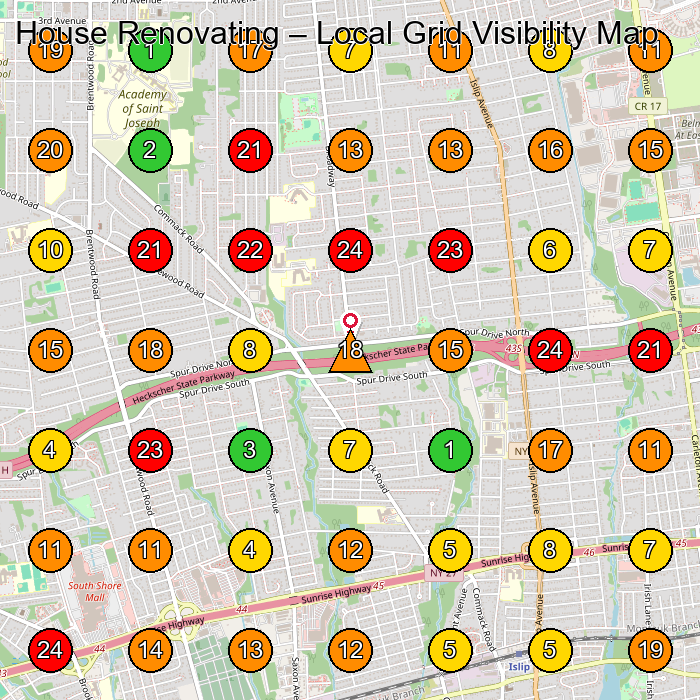 House Renovating Remodeler GeoGrid ranking map for Brentwood NY
