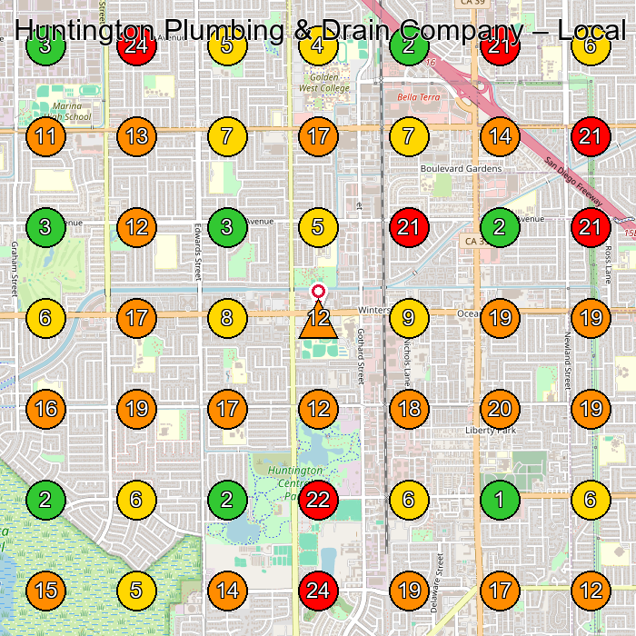 Huntington Plumbing & Drain Company Plumber GeoGrid ranking map for Huntington Beach CA
