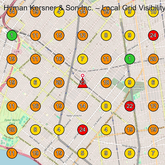 Hyman Kersner & Son Inc. Manufacturer GeoGrid ranking map for Brooklyn NY