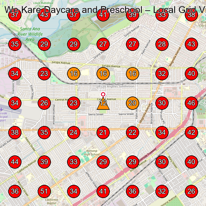 We Kare Daycare and Preschool GeoGrid visibility map for Legal Services in Riverside