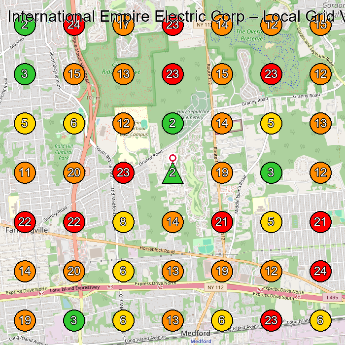 International Empire Electric Corp Electrician GeoGrid ranking map for Medford NY