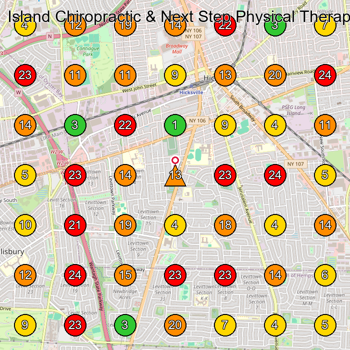 Island Chiropractic & Next Step Physical Therapy of Hicksville Chiropractor GeoGrid ranking map for Hicksville NY
