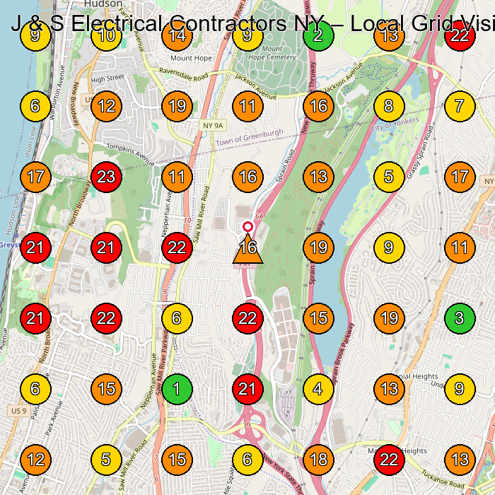 J & S Electrical Contractors NY Electrician GeoGrid ranking map for Yonkers NY