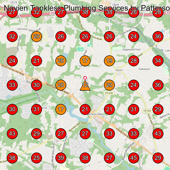 Navien Tankless Plumbing Services by PattersonaEUR(TM)s Water & Plumbing GeoGrid visibility map for Paving Contractor in Jackson Township
