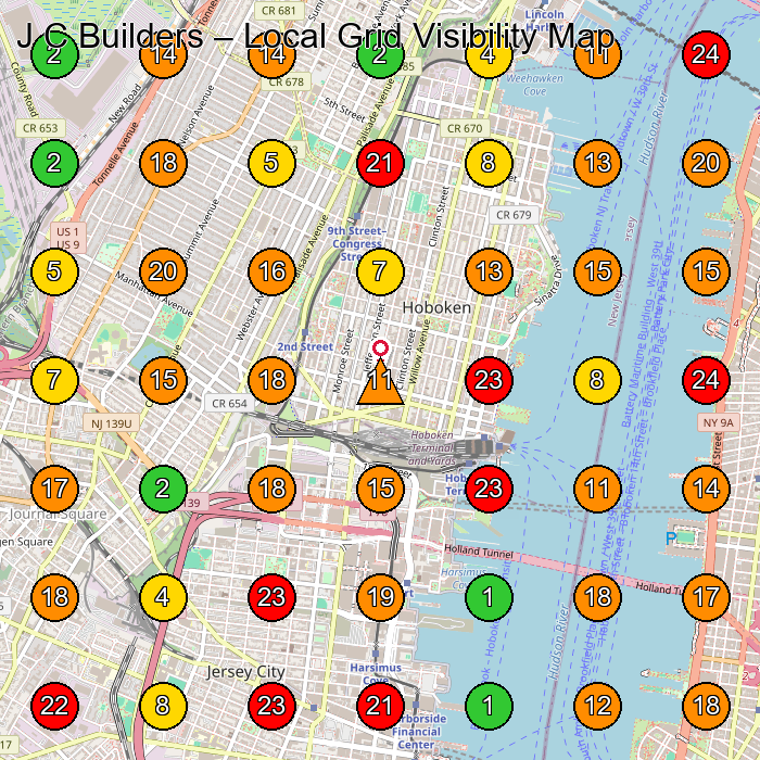 J C Builders Contractor GeoGrid ranking map for Hoboken NJ