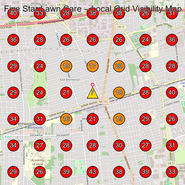 Five Star Lawn Care GeoGrid visibility map for Landscaper in Brentwood