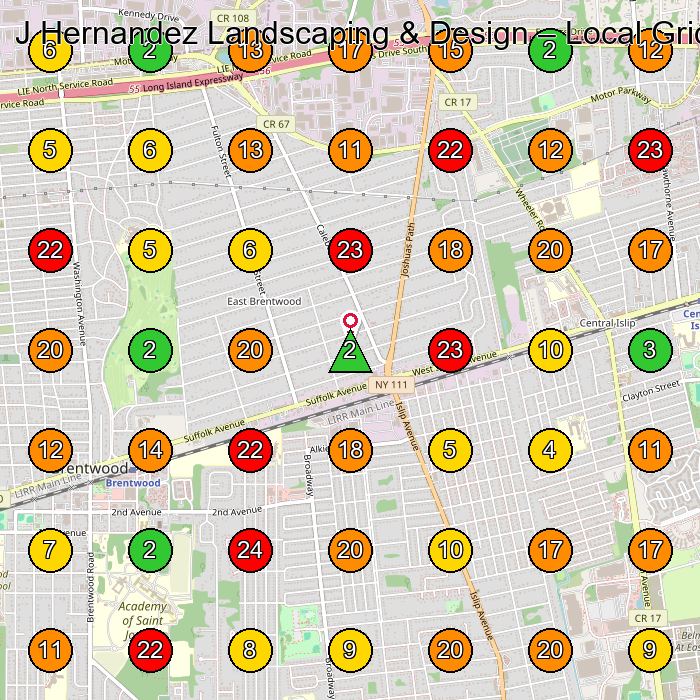 J Hernandez Landscaping & Design Landscaper GeoGrid ranking map for Brentwood NY