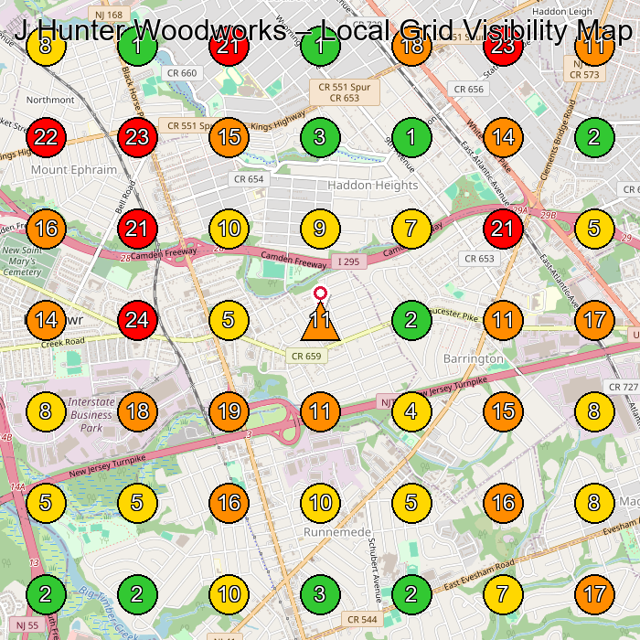 J Hunter Woodworks Woodworker GeoGrid ranking map for Barrington NJ