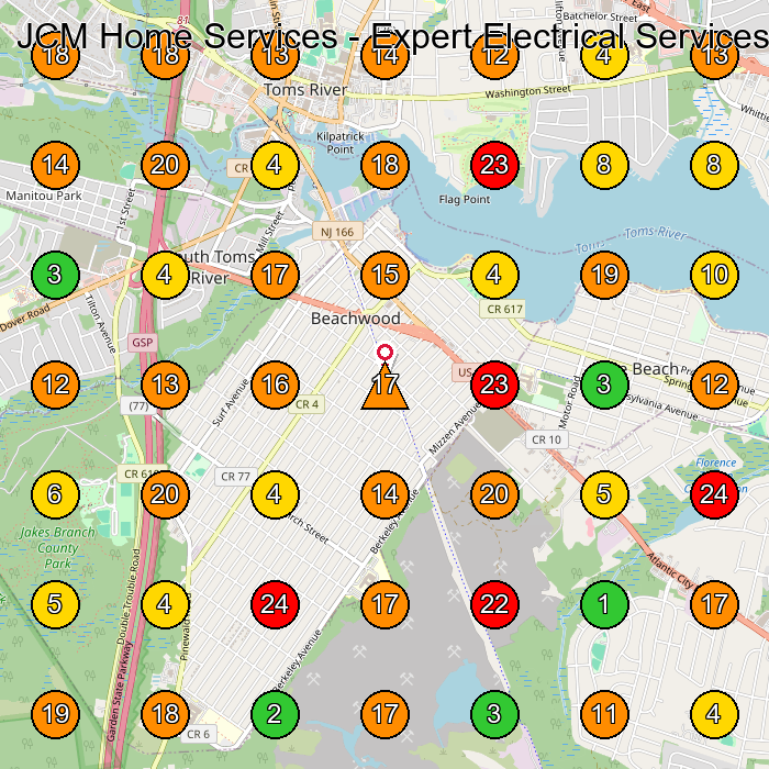 JCM Home Services - Expert Electrical Services Electrician GeoGrid ranking map for Beachwood NJ