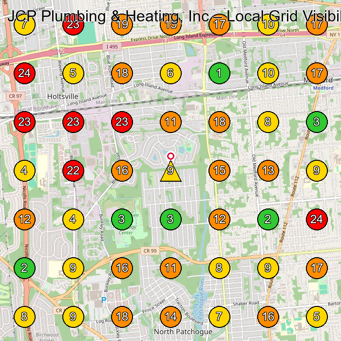 JCP Plumbing & Heating, Inc Plumber GeoGrid ranking map for Holtsville NY