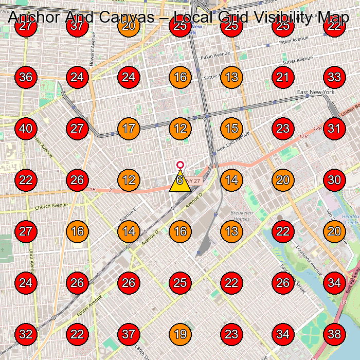 Anchor And Canvas GeoGrid visibility map for Manufacturer in Brooklyn