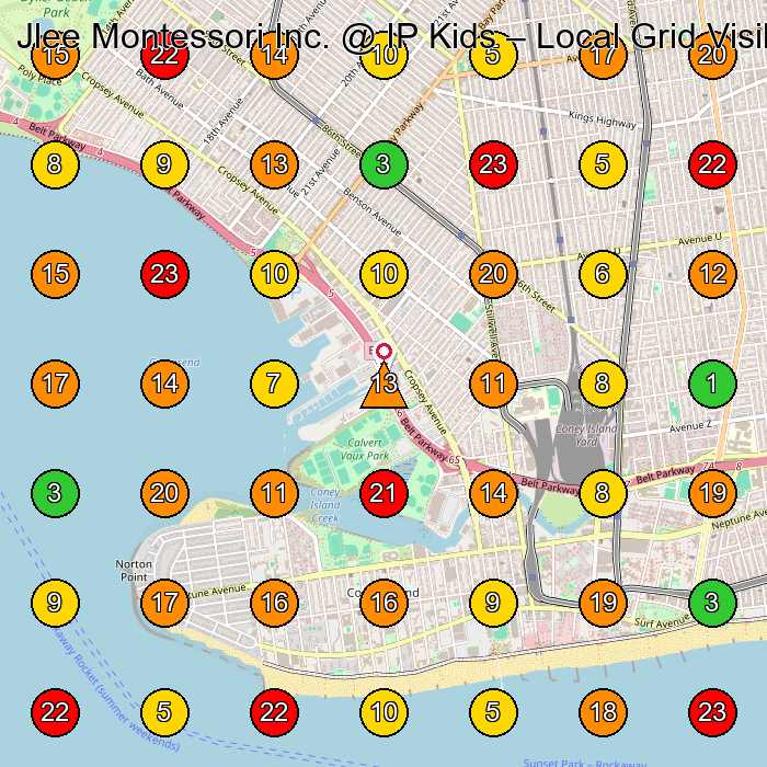 Jlee Montessori Inc. @ IP Kids Preschool GeoGrid ranking map for Brooklyn NY