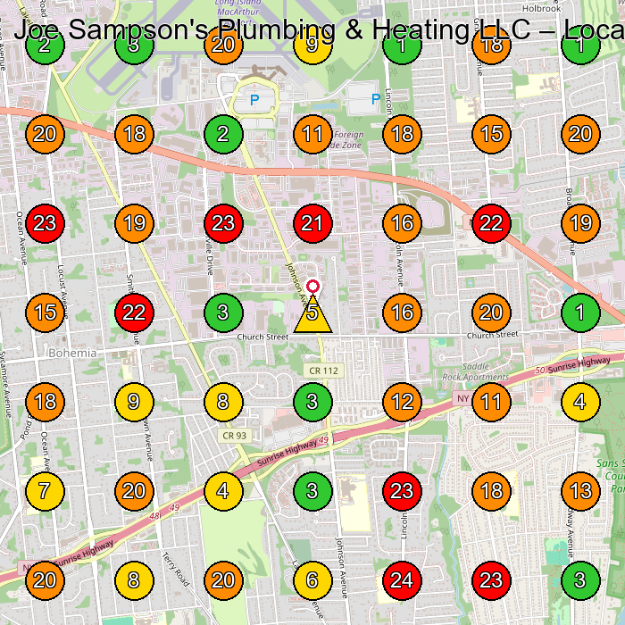 Joe Sampson's Plumbing & Heating LLC Plumber GeoGrid ranking map for Bohemia NY