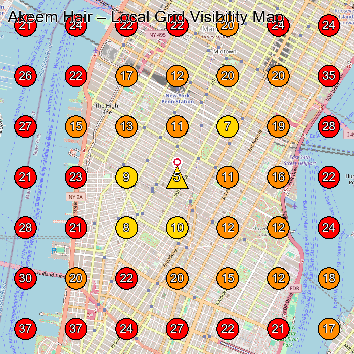 Akeem Hair GeoGrid visibility map for Hairdresser in 720 Monroe St Suite E-313