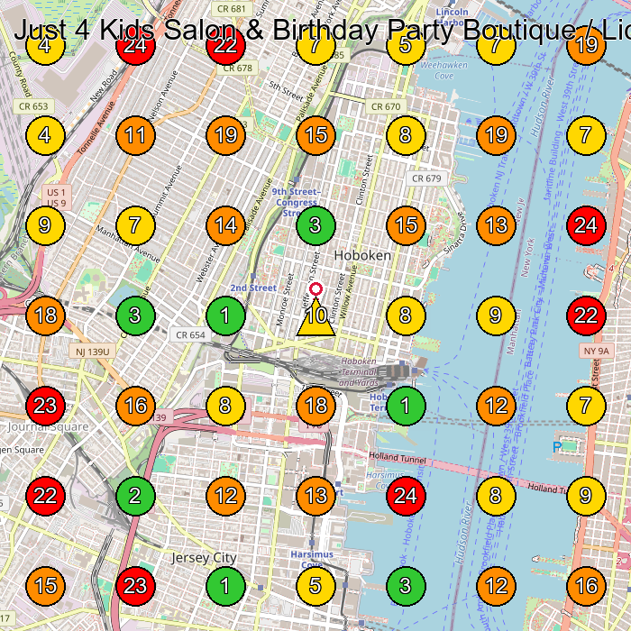 Just 4 Kids Salon & Birthday Party Boutique / Lice Treatment Hoboken Hairdresser GeoGrid ranking map for 720 Monroe St Suite E-313 Hoboken