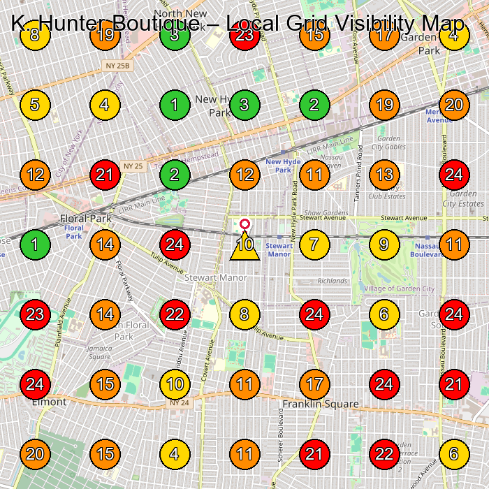 K. Hunter Boutique Boutique GeoGrid ranking map for Stewart Manor NY