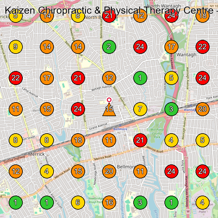 Kaizen Chiropractic & Physical Therapy Centre Chiropractor GeoGrid ranking map for Bellmore NY