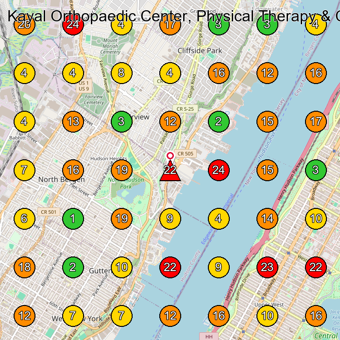 Kayal Orthopaedic Center, Physical Therapy & Chiropractic Chiropractor GeoGrid ranking map for North Bergen NJ