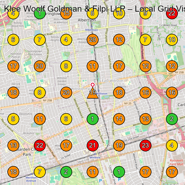 Klee Woolf Goldman & Filpi LLP Lawyer GeoGrid ranking map for Mineola NY