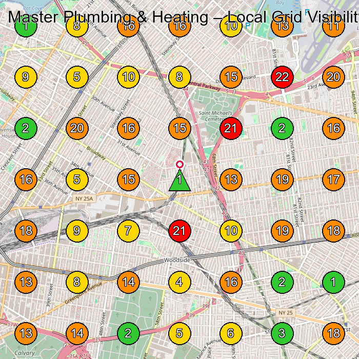 Master Plumbing & Heating Plumber GeoGrid ranking map for Queens NY