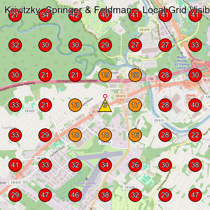Krivitzky, Springer & Feldman GeoGrid visibility map for Personal Injury Attorney in Roseland