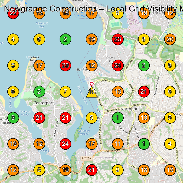Newgrange Construction Contractor GeoGrid ranking map for Northport NY