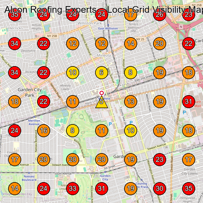 Alcon Roofing Experts GeoGrid visibility map for Waterproofing Service in Garden City Park