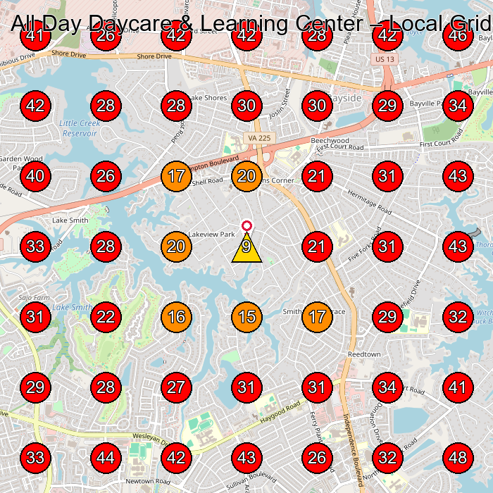 All Day Daycare & Learning Center GeoGrid visibility map for Pet Groomer in Virginia Beach