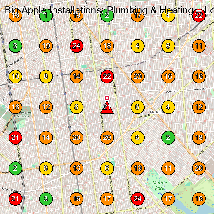 Big Apple Installations; Plumbing & Heating Plumber GeoGrid ranking map for Brooklyn NY