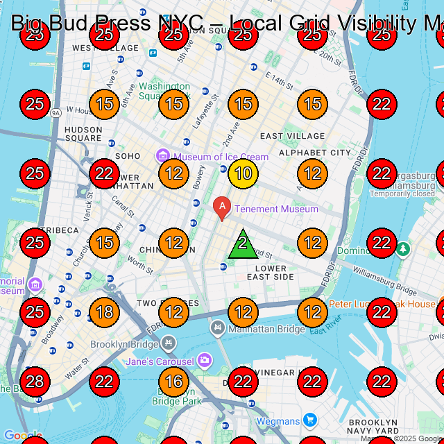 Big Bud Press NYC Clothing Store GeoGrid ranking map for New York NY