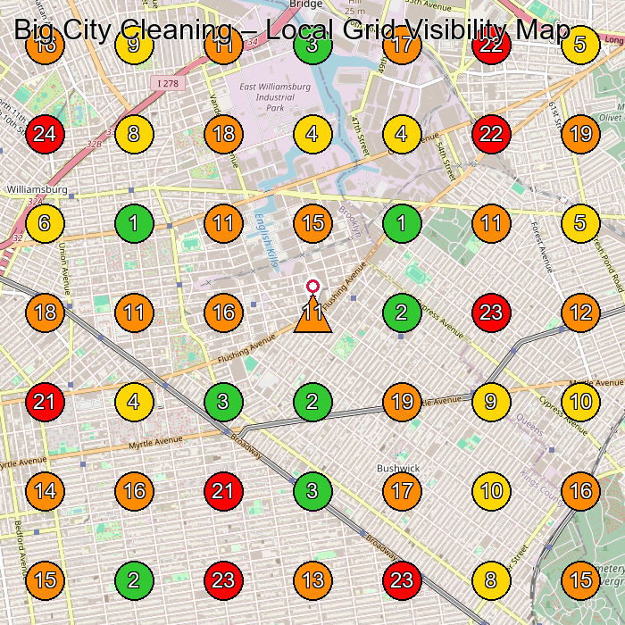 Big City Cleaning Commercial Cleaning Service GeoGrid ranking map for Brooklyn NY