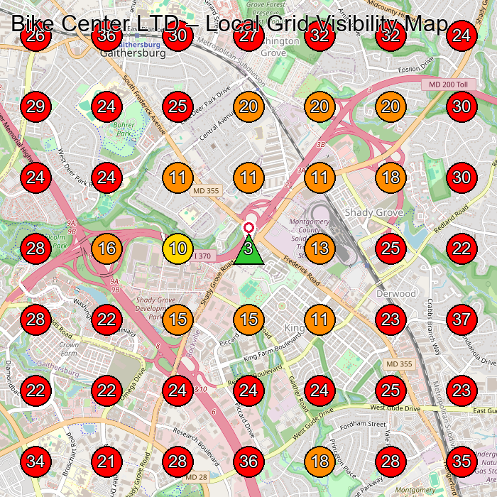 Bike Center LTD GeoGrid visibility map for Bicycle Store in 14803 Southlawn Ln