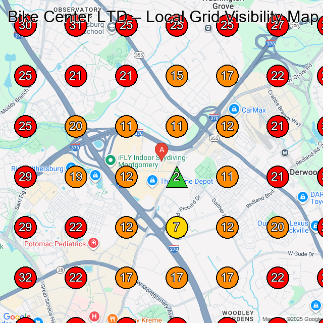 Bike Center LTD Bicycle Store GeoGrid ranking map for Gaithersburg MD