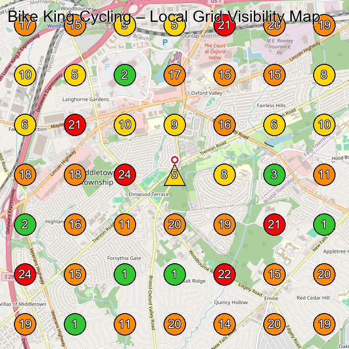 Bike King Cycling Bicycle Store GeoGrid ranking map for Levittown PA